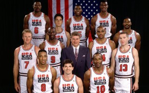 BARCELONA, SPAIN - 1991: The original Olympic Dream Team pose for a group photo from back row (L-R) Patrick Ewing, Christian Laetner, Magic Johnson, David Robinson and Karl Malon. Middle row (L-R) Larry Bird, Michael Jordan, head coach Chuck Daly, Charles Barkley and Chris Mullin. Bottom row (L-R) Scottie Pippen, John Stockton and Clyde Drexler in Barcelona, Spain in 1991. NOTE TO USER: User expressly acknowledges that, by downloading and or using this photograph, User is consenting to the terms and conditions of the Getty Images License agreement. Mandatory Copyright Notice: Copyright 1991 NBAE (Photo by Andrew D. Bernstein/ NBAE/ Getty Images)