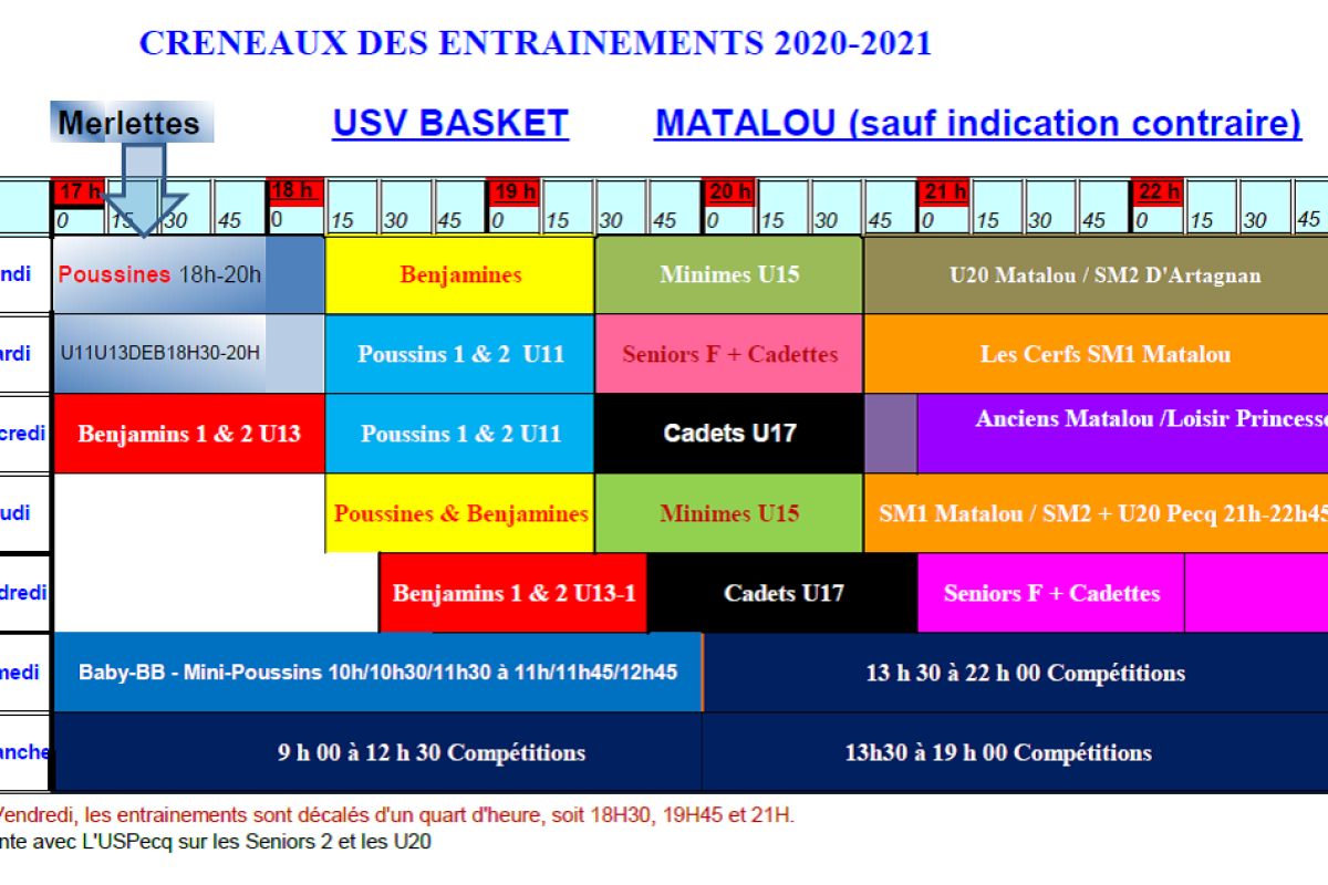 Planning des Entraînements 2020-2021