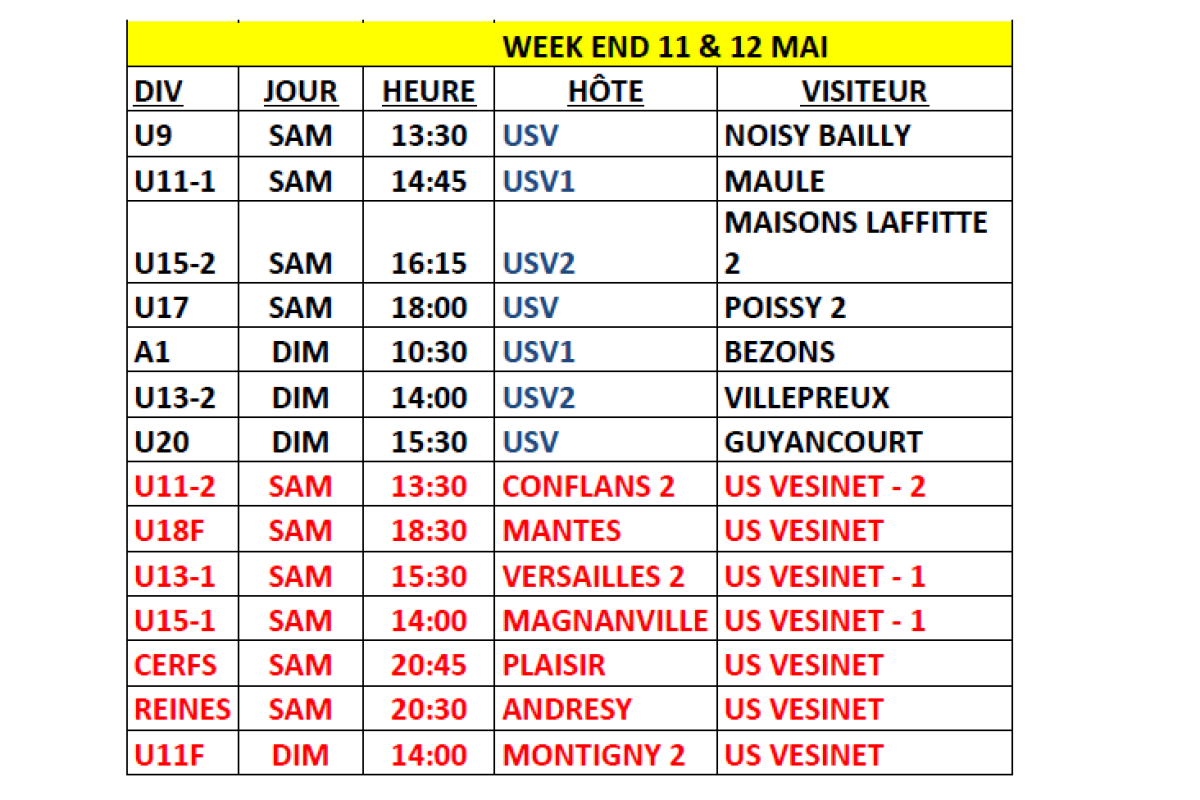 Planning des matchs du week-end du 11 & 12 Mai