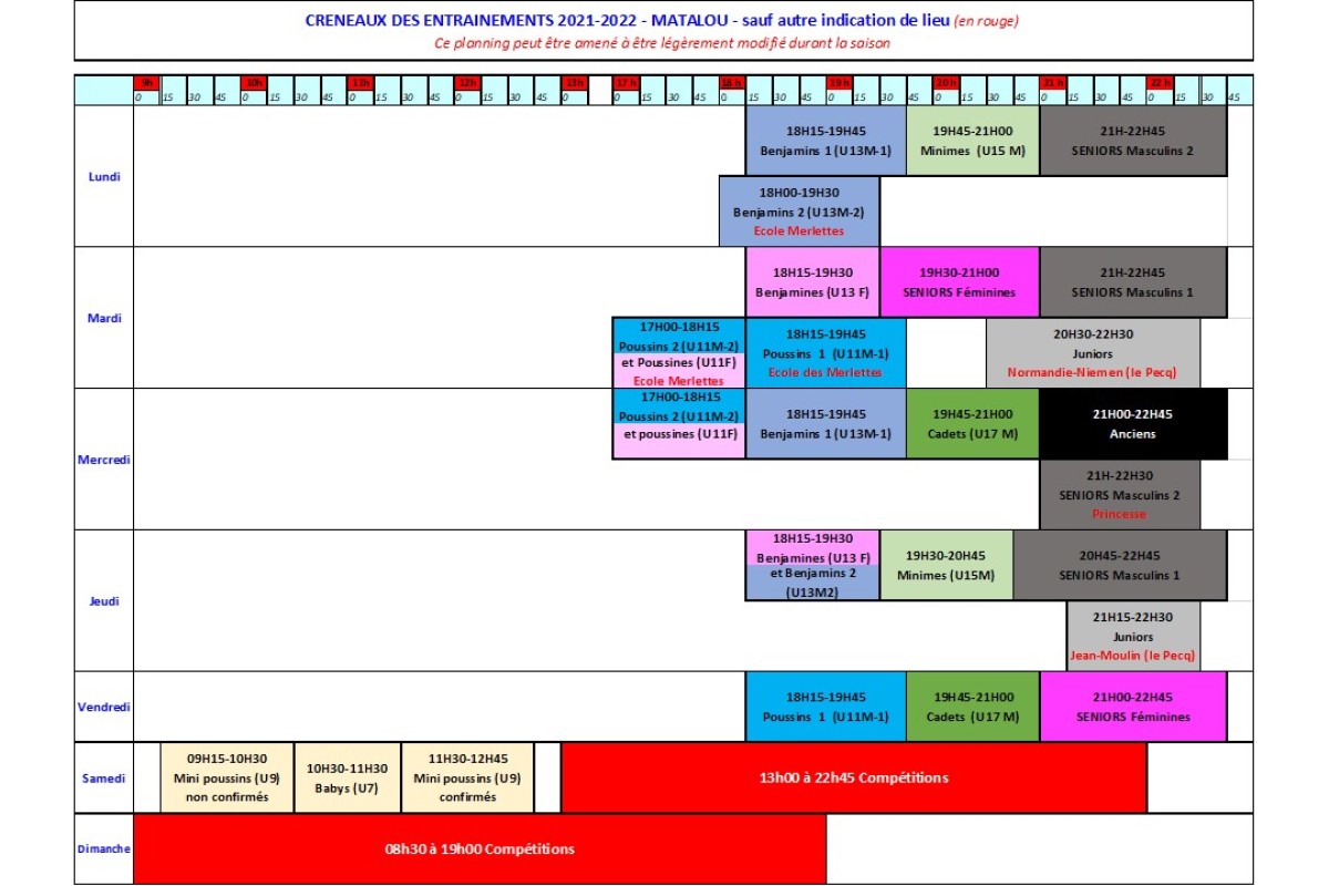 Planning des Entraînements 2021-2022